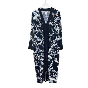 Cuddledown Women's Size L Cranes & Flowers Black Full Zip V-Neck Long Maxi Robe